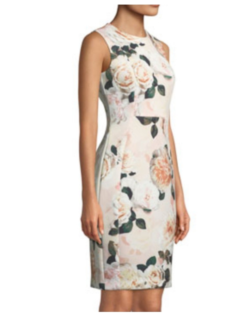 Calvin Klein Sleeveless Floral Rose Sheath Scuba Dress in Blush & Green 6